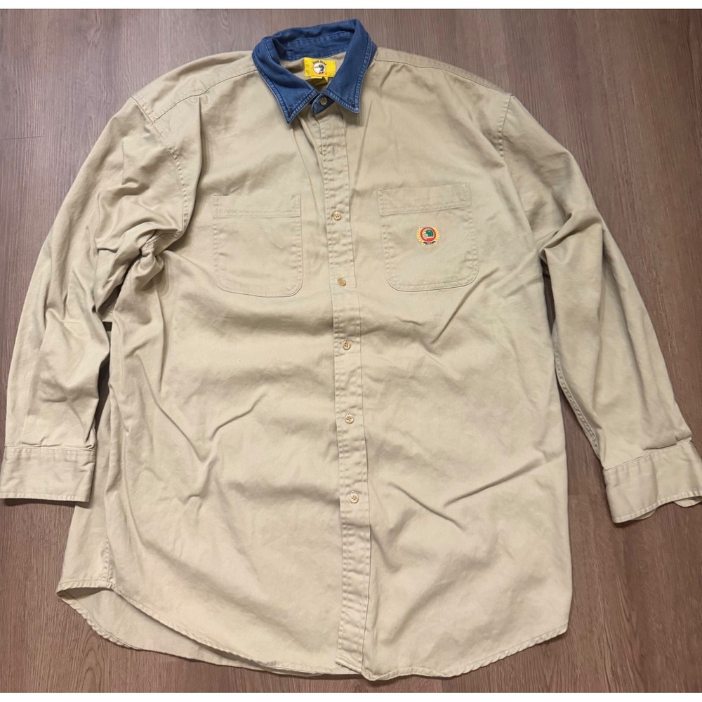 Vintage Duck Head Mens Khaki Twill Shirt Large Denim Collar Mallard Logo L/S